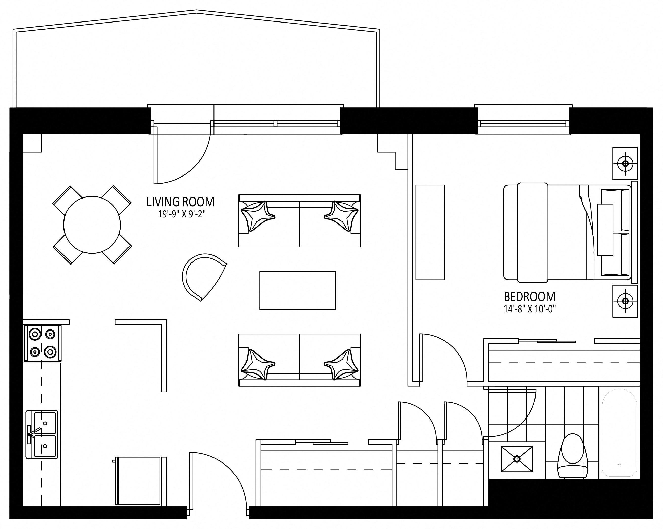 Floor plan for 1 bed, 1 bath, 720 sqft